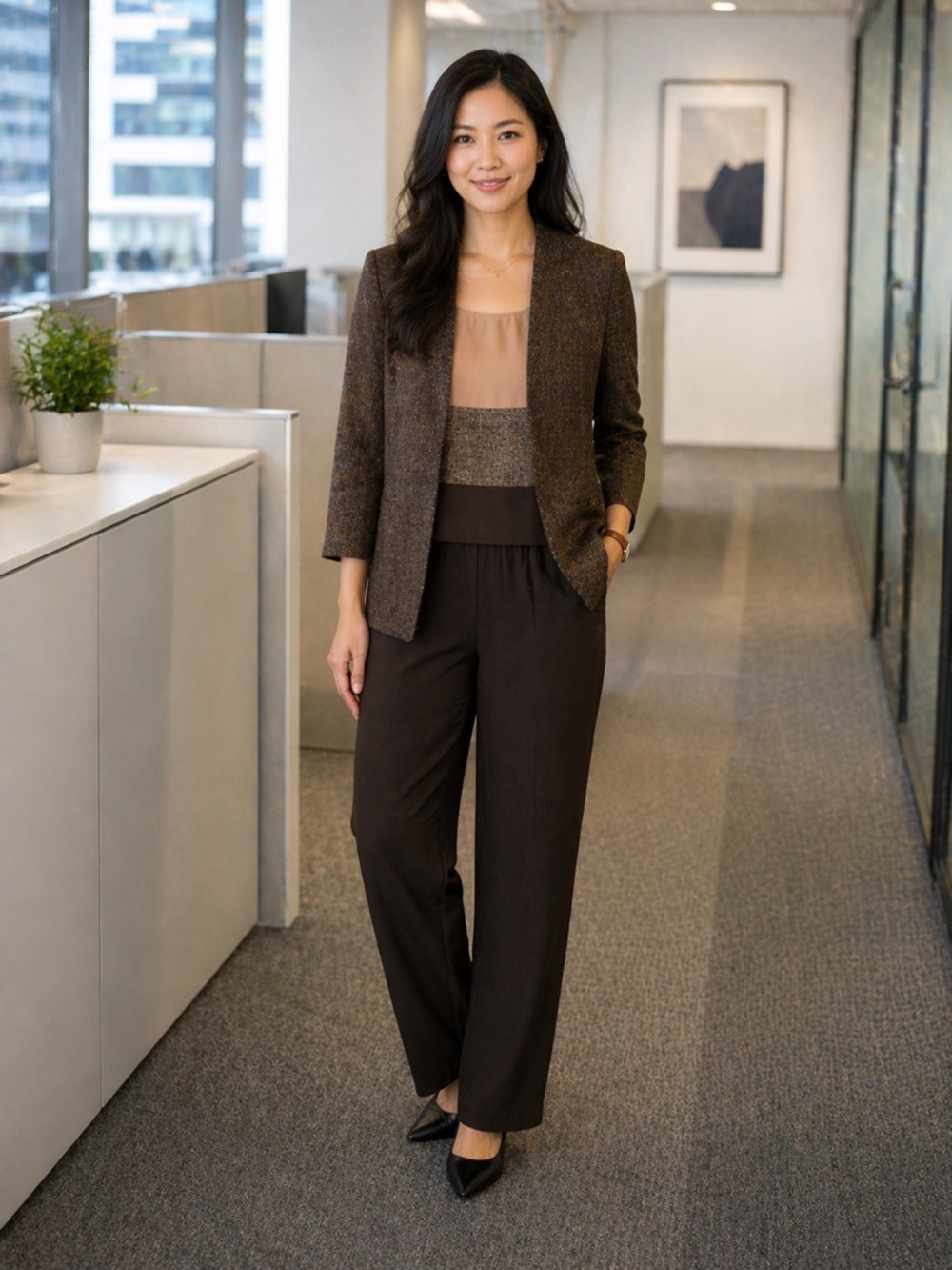 Women's Brown Wide-Leg Pantsuit with Textured Blazer